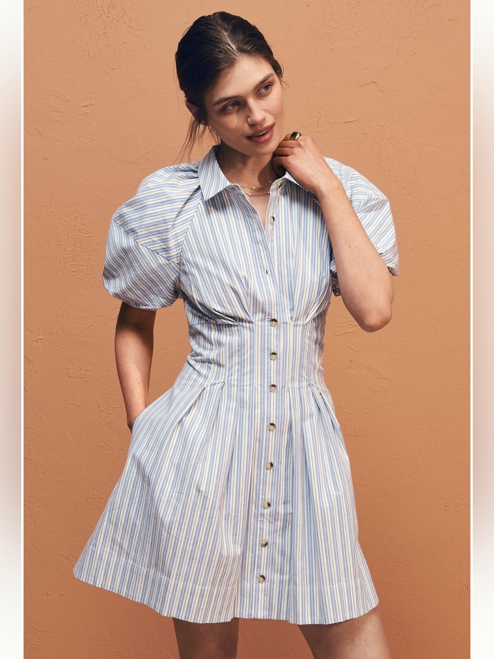 By Anthropologie Striped Puff-Sleeve Mini Shirt Dress in Light Blue and White
